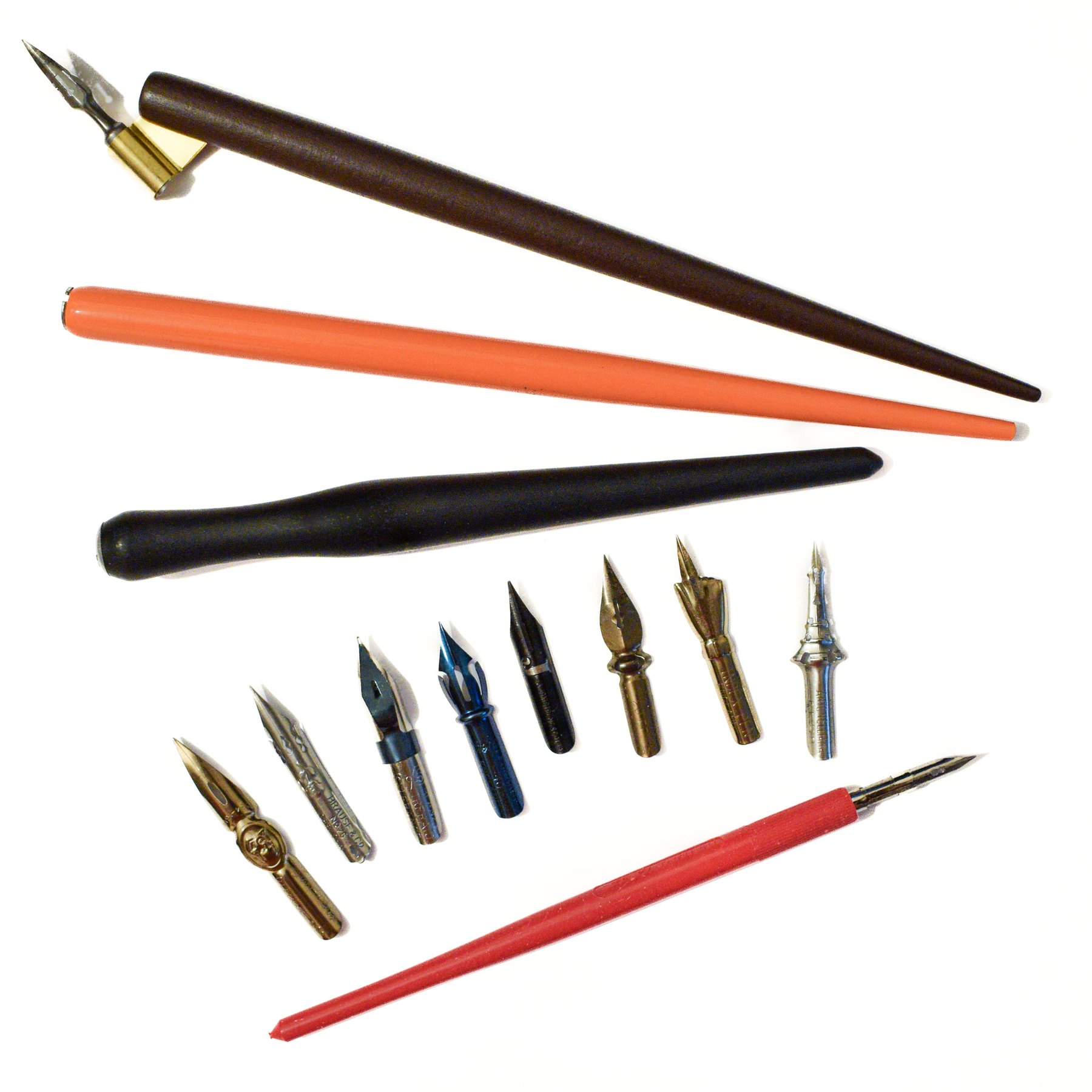Dip pens, nibs and pen holders used for lettering practice